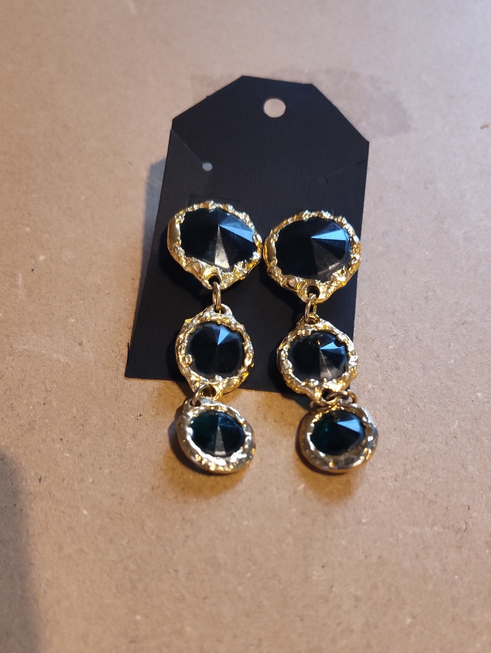 Gold-Tone Drop Earrings with Dark Green Gemstones